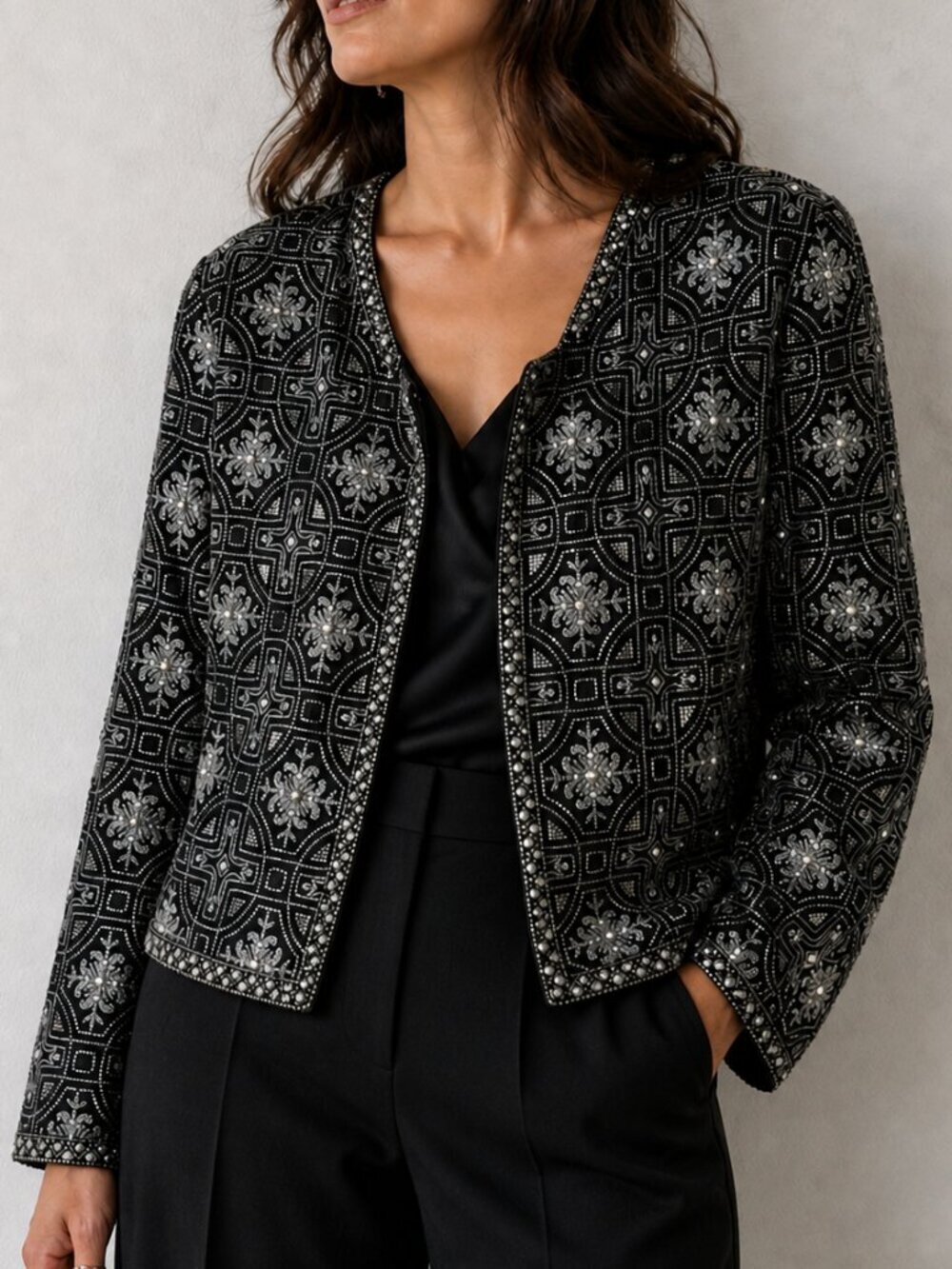 Vintage Scala Jacket Silk Beaded Formal Black Silver Pearls Evening Small